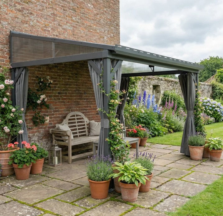 4.3m x 3m Lean-To Garden Pergola with Galvanised Steel Roof – Dark Grey Patio Gazebo with Netting Curtains for All-Weather Outdoor Living