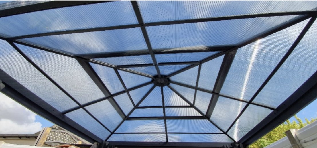 Deluxe 3x3m Garden Gazebo with Curtains & Mosquito Netting – Dark Grey Aluminium Frame & Polycarbonate Roof for Patio
