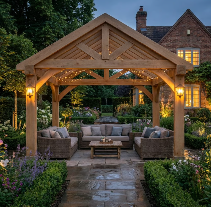 Ruby Oak Apex Gazebo with Treated Featheredge Roof and Overhang