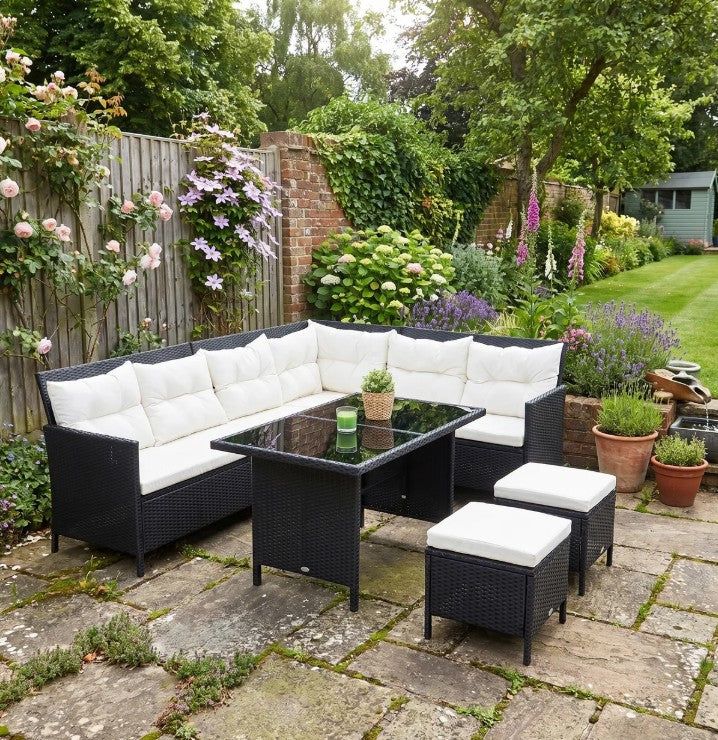 Black 8-Seater Rattan Wicker Corner Sofa Set With Table