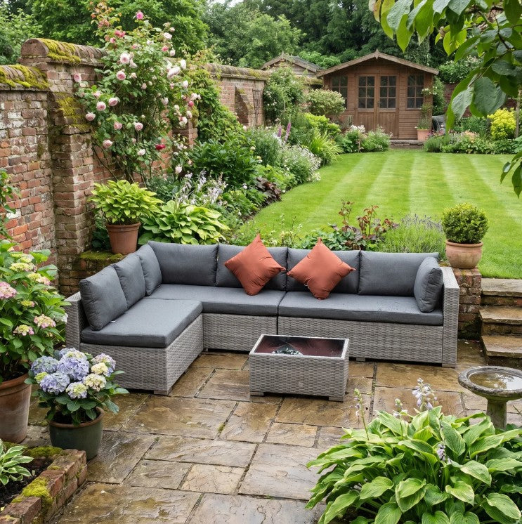 Grey Four-Piece 6 Seater Rattan Corner Sofa Set With Red Cushions