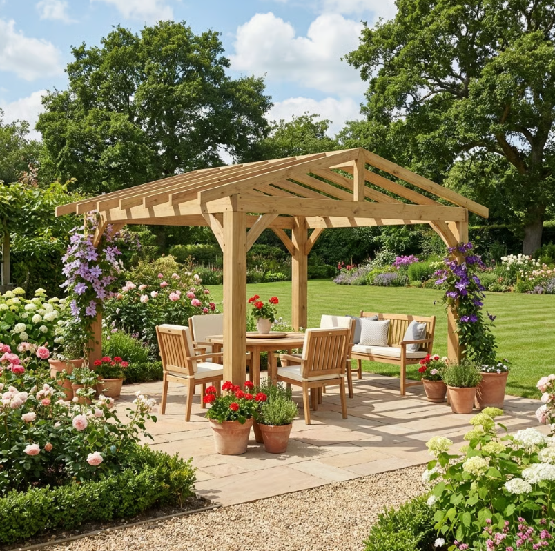 Ruby Cedar Pergola with Open Roof – No Overhang Design
