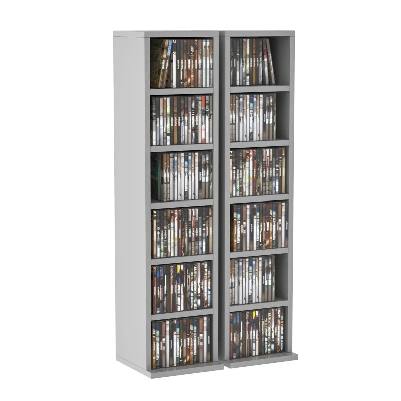 Set of 2 Grey CD Media Display Shelves - Adjustable Blu-Ray Tower Rack & Bookcase Storage Organizer
