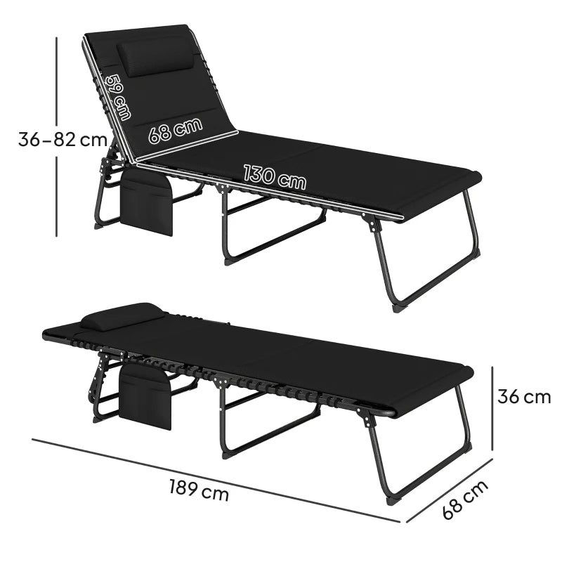 Folding Sun Loungers Set of 2 - Black Recliner Garden Chairs with Quick Drying Pad, Headrest & Side Pocket for Beach & Pool
