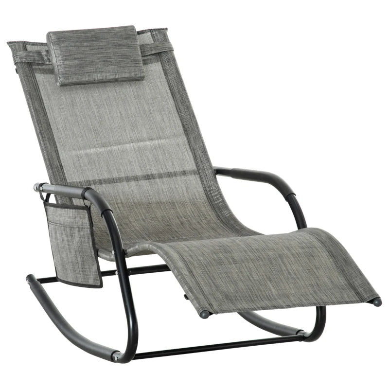Dark Grey Outdoor Rocking Chair with Mesh Fabric and Storage Bag - Removable Headrest Pillow, Armrest & Side Storage Bag