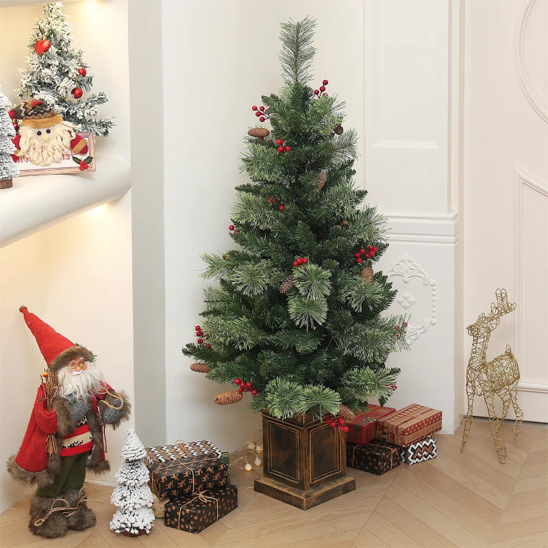 4ft Artificial Christmas Tree with 100 Warm White LED Lights, Red Berries & Pine Cones, 8 Modes, Retro Base