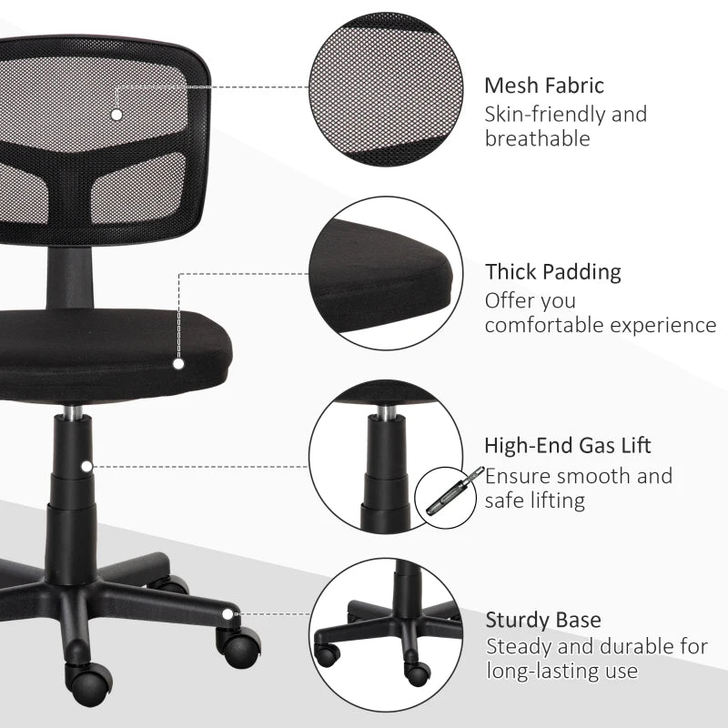 Ergonomic Small Office Chair without Arms Swivel Mesh Desk Chair with Curved Back and Wheels Height Adjustable for Home Vanity Computer Dressing Table Study Bedroom Holds Up to 120 kg
