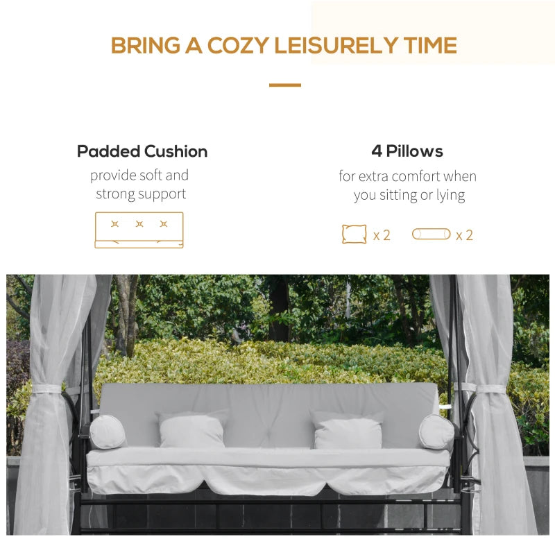 3 Seater Outdoor Swing Bed with Canopy, Cushioned Seat - Light Grey