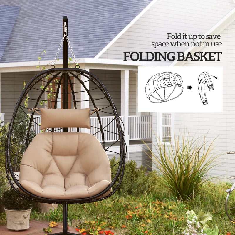 Hanging Egg Chair - Outdoor Indoor Garden Swing Chair with Folding Basket, Thickened Cushion, Headrest - Khaki - Perfect for Patio and Balcony
