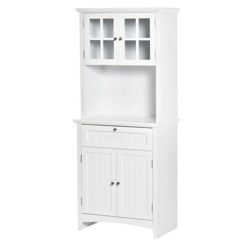 Stylish White Wooden Kitchen Cupboard with Glass Door, Drawer & Microwave Space - Perfect Storage Cabinet for Dining & Living Room