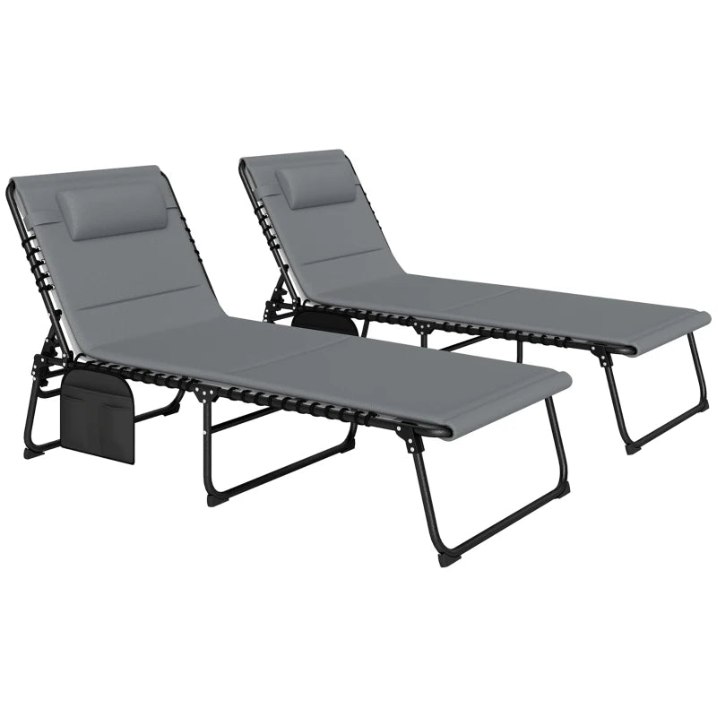 Set of 2 Charcoal Grey Folding Sun Loungers - Recliner Garden Chairs with Quick Drying Pad, Headrest & Side Pocket for Beach and Pool