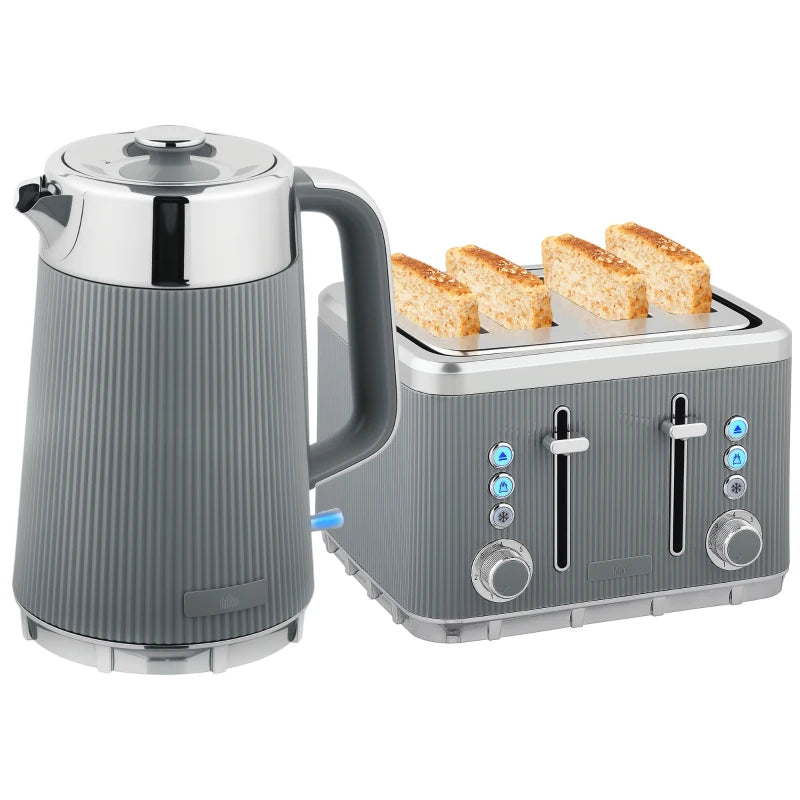 Electric Stainless Steel Kettle & Toaster Set - 3000W Fast Boil 1.7L Kettle with Strix Thermostat & 4 Slice Toaster, Grey