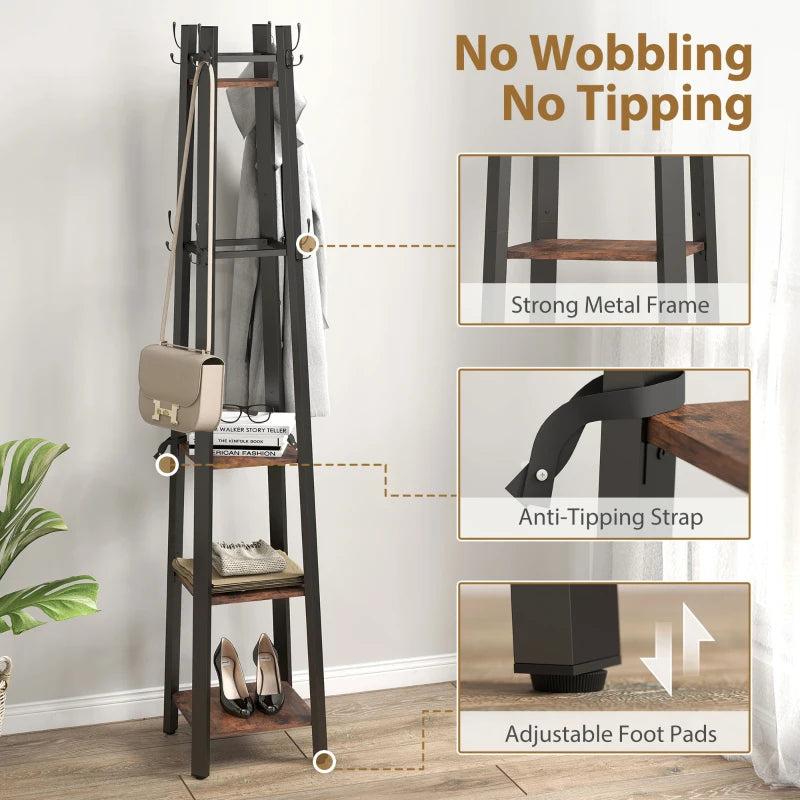 Industrial-Style Four Shelf Coat Stand - Rustic Brown and Black Entryway Organizer for Coats, Hats, and Accessories