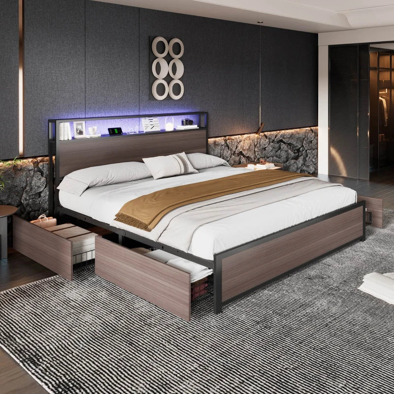 Metal Double Bed with LED Light Strip, 4 Drawers & 3 USB Ports - Stylish Gray Bedroom Furniture, 207x135.5x105 cm