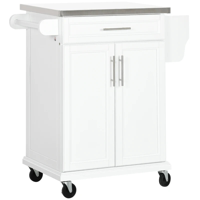 Wooden Kitchen Island on Wheels - Mobile Serving Cart with Stainless Steel Top, Drawer, Side Handle & Rack in White