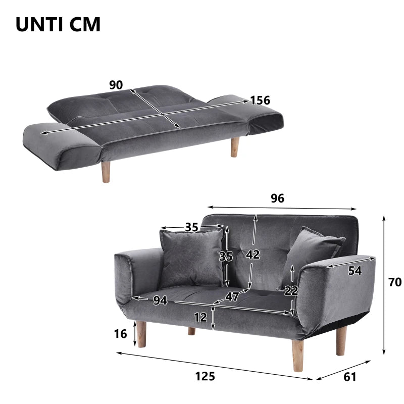 Grey 2-Seater Recliner Sofa with Wooden Legs, Multi-Position Sleeping Chair, Compact Design 125x61x70 cm