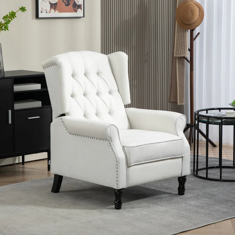 Vintage Wingback Recliner Armchair with Nail Head Trim and Button Tufted Back for Living Room, Cream White