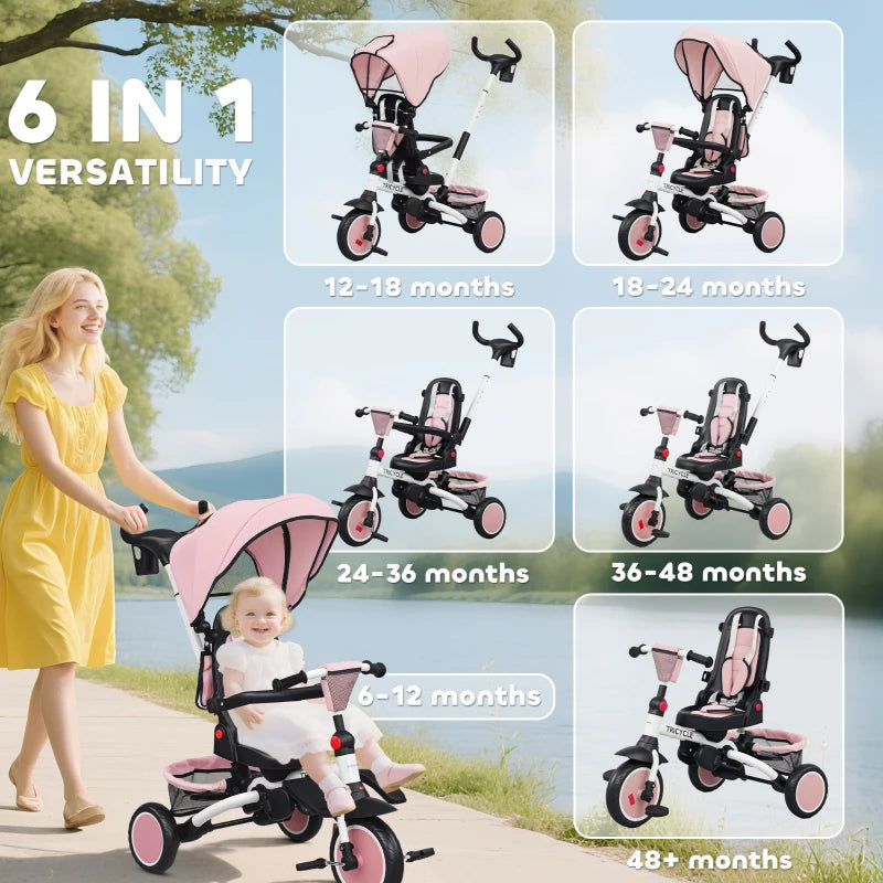 6 in 1 Foldable Kids Trike with Adjustable Parent Handle and Canopy for Ages 1-5 Pink