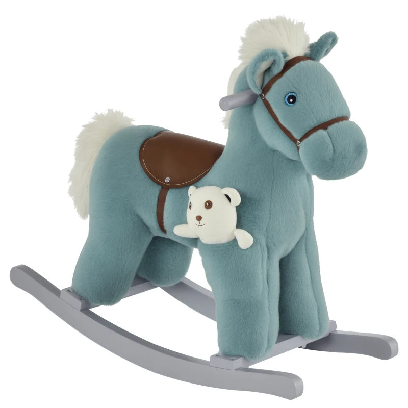 Kids Plush Ride-On Rocking Horse Toy with Realistic Sounds - Soft Blue Rocker for Toddlers 18-36 Months