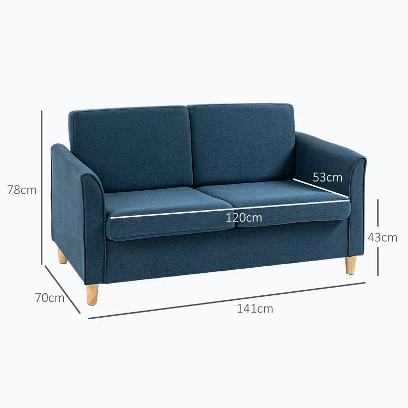 Modern Compact Loveseat Sofa for Living Room with Wooden Legs and Armrests in Blue