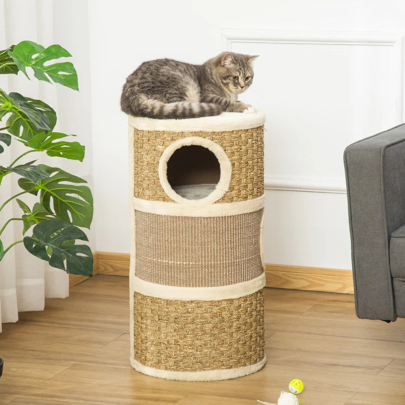 Cat Scratching Barrel Kitten Tree Tower Indoor Pet Furniture Climbing Frame with Sisal and Seaweed Rope Cozy Plush Platform