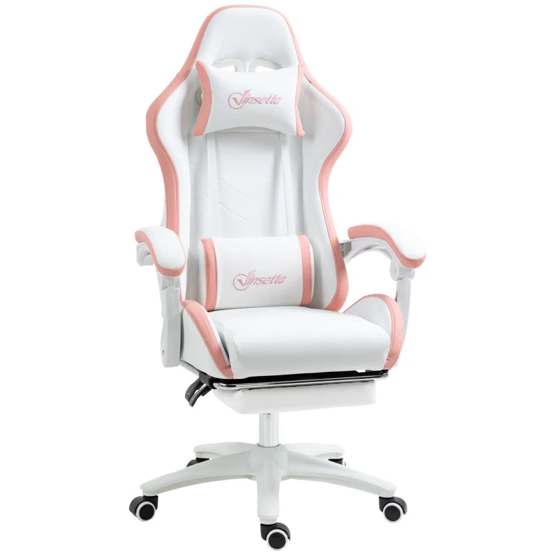 Vinsetto White & Pink Gaming Chair with Footrest, 135° Recline, Lumbar Support, Swivel Wheels - PU Leather Office Desk Chair