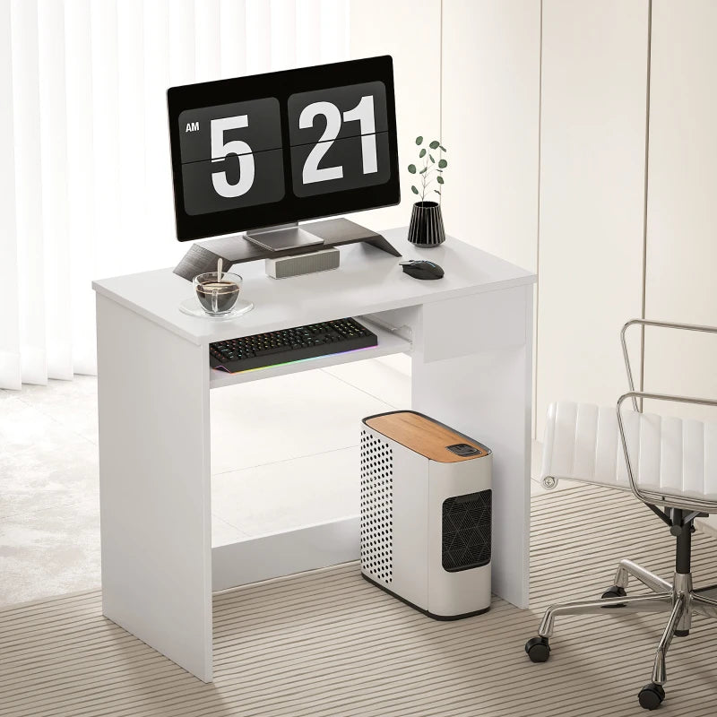 80cm Compact Computer Desk with Keyboard Tray & Drawer - Stylish Home Office Desk for Bedroom Study, White Finish