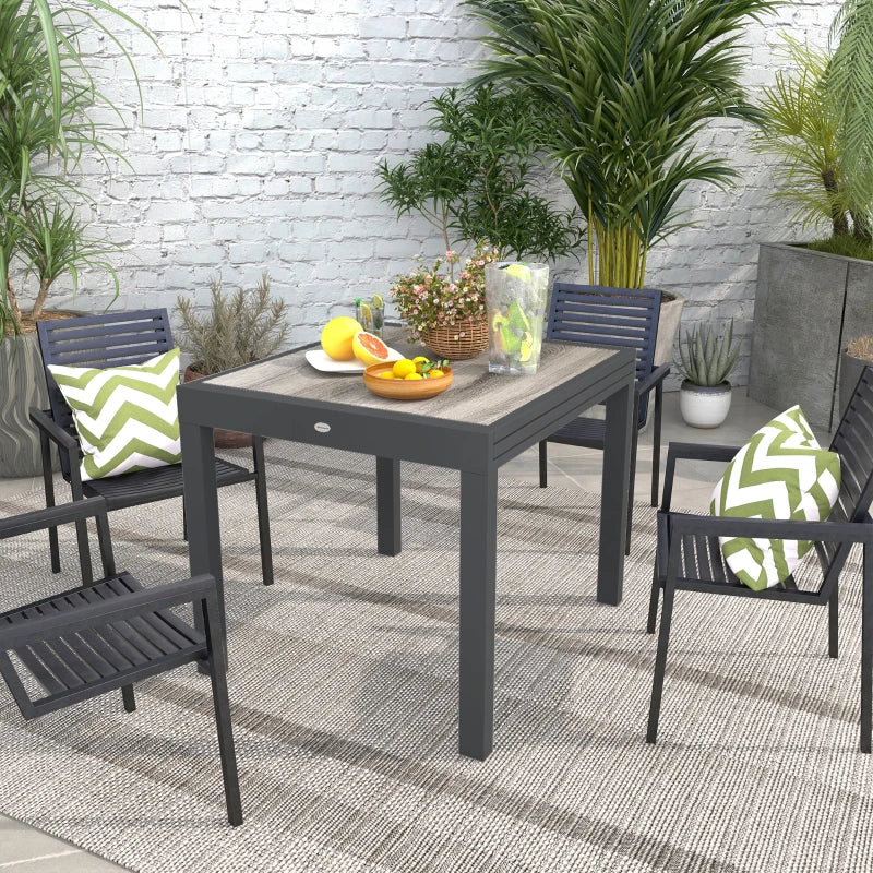 Grey Extendable Outdoor Dining Table for 6, Aluminium Frame, Rectangular Patio Table, 80/160L x 80W x 75H cm