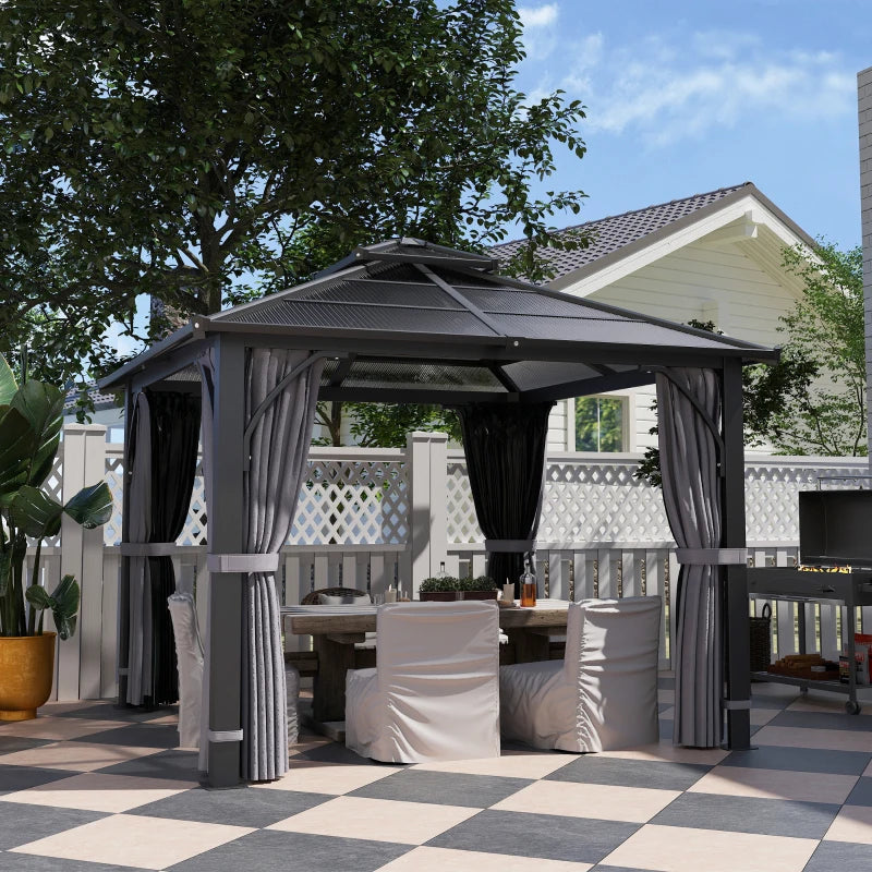 Dark Grey 3m x 3m Hardtop Gazebo - 7mm Double Polycarbonate Roof, Permanent Pavilion with Mosquito Netting and Curtains for Patio and Deck