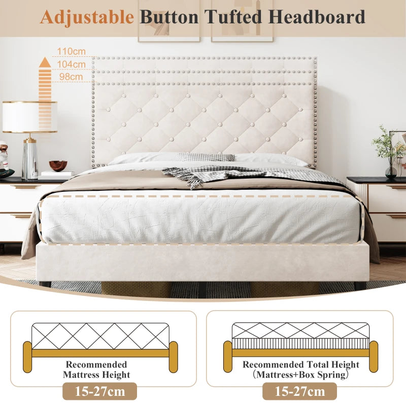 Double Upholstered Velvet Bedstead with Button-Tufted Headboard - Noise-Free, Solid Wood Slats, Beige, 193L x 141W x 110H cm