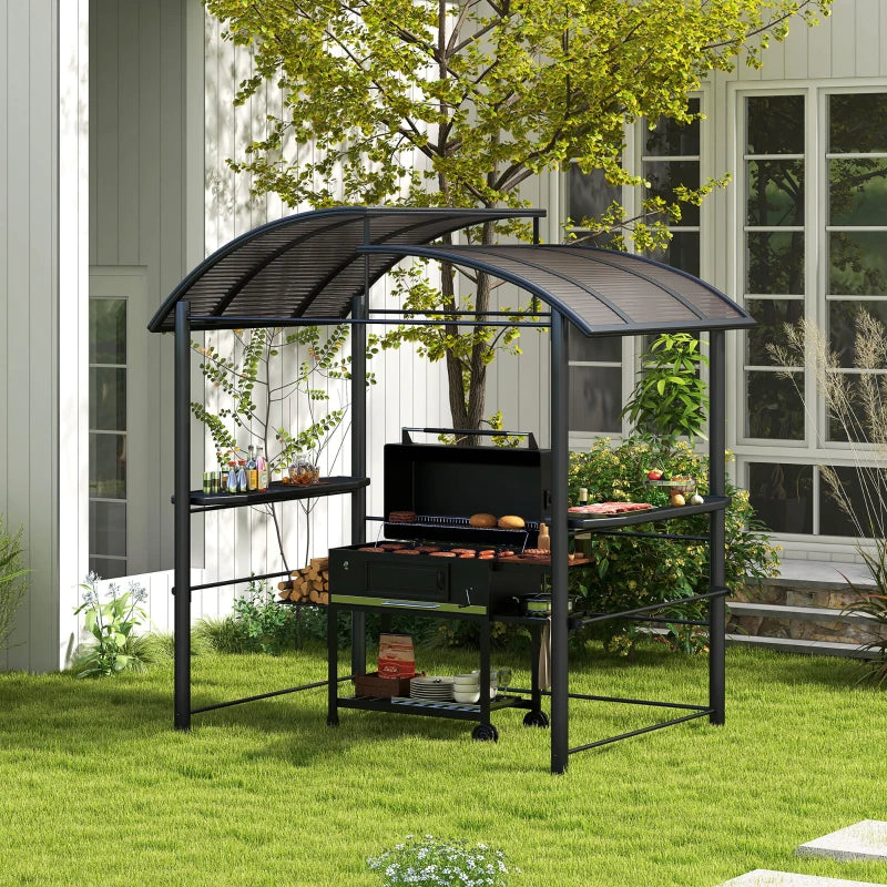 Dark Grey Outdoor Grill Gazebo with Side Shelves and PC Board Roof