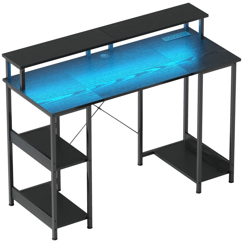 Modern LED Computer Desk with Power Outlets & Shelves - Stylish Black Home Office Furniture
