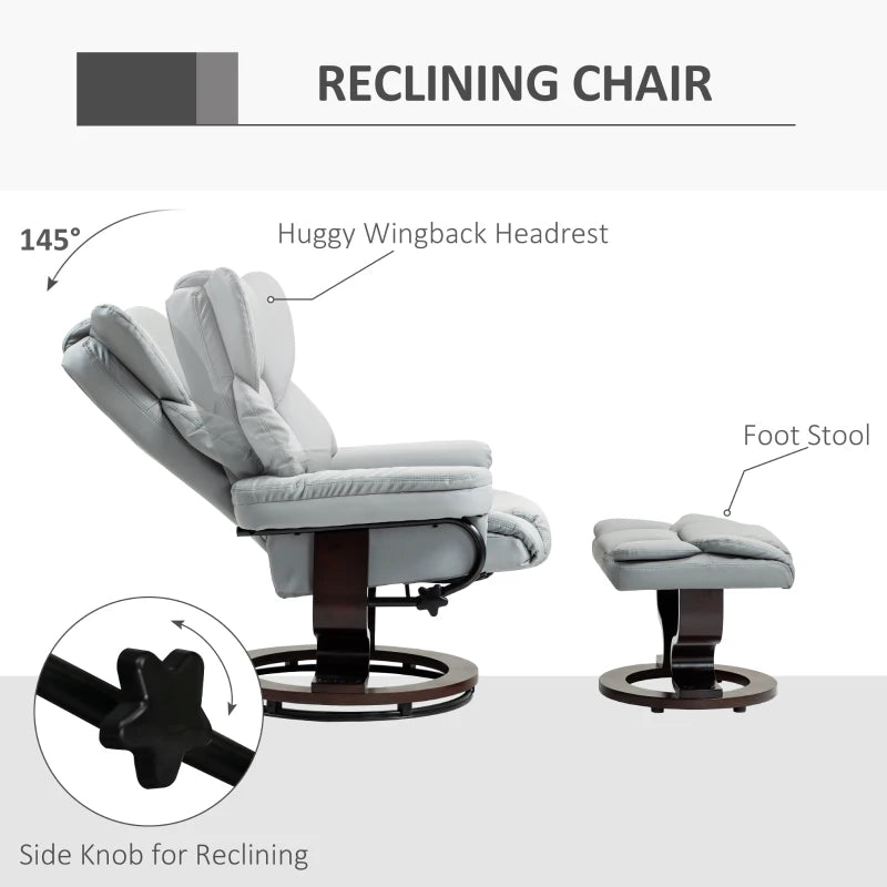 Faux Leather Recliner Chair with Footstool - Swivel Upholstered Armchair with Adjustable Backrest and Solid Wood Base in Light Grey