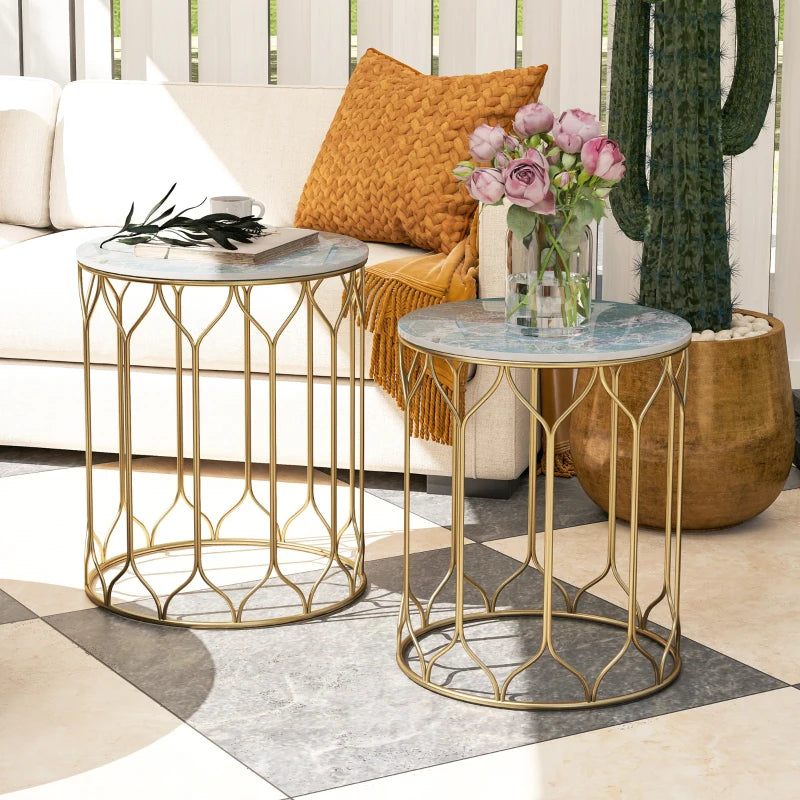 Multicoloured Ceramic Tile Top Nesting Side Table - Set of 2 - End Tables with Metal Frame