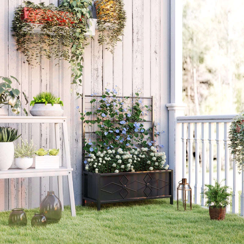 Raised Garden Bed with Trellis - Galvanised Planter Box, Diamond Pattern, Drainage Holes for Vegetables, Herbs & Flowers - 90 x 40 x 120 cm, Black