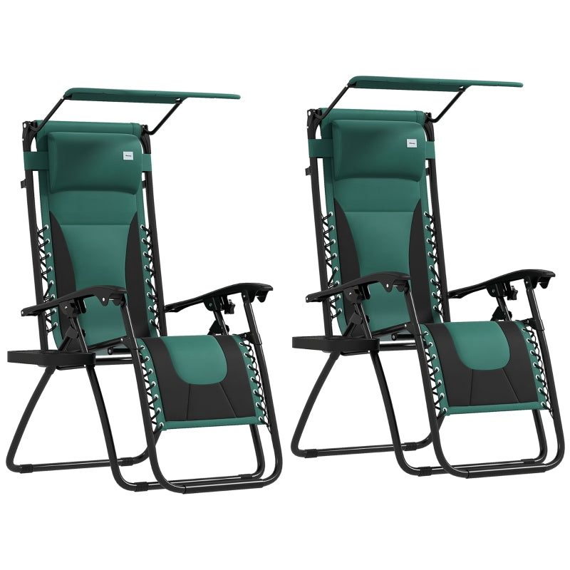 Sun Lounger Chair Set of 2 - Folding Reclining Patio Chairs with Shade Cover, Padded Seat, Cup Holder, Soft Cushion and Headrest - Green