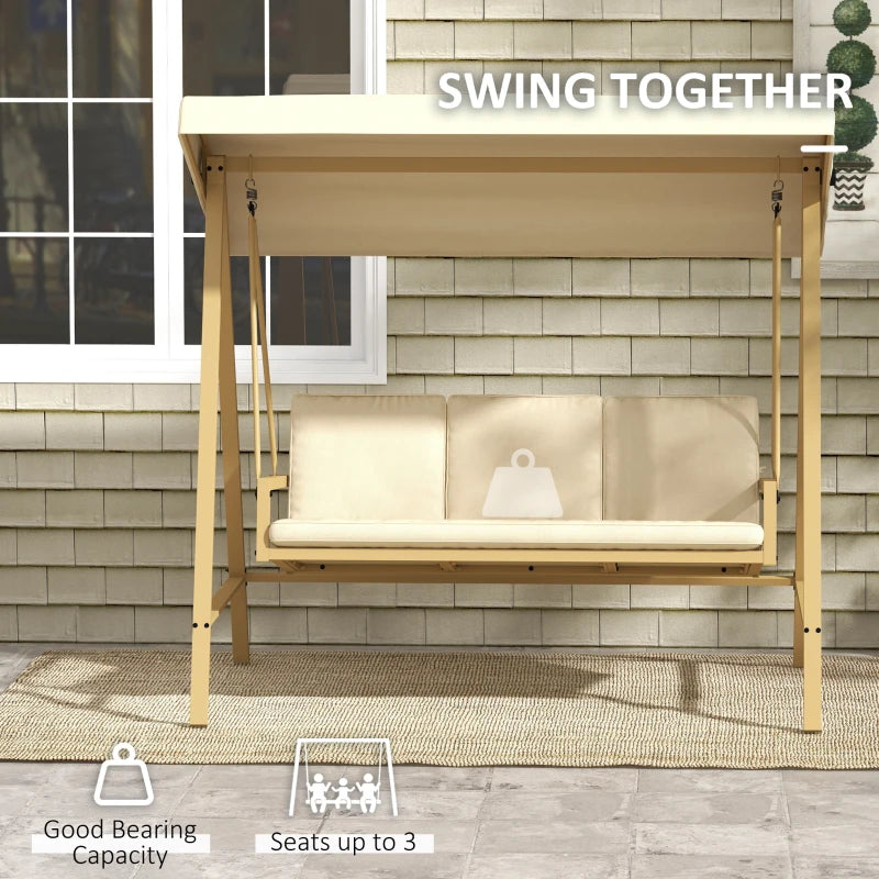 Beige 3-Seat Garden Swing Chair with Adjustable Canopy