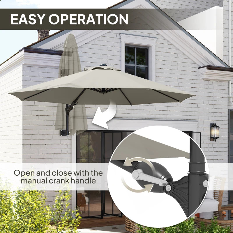 3m Wall-Mounted Parasol Shade with Handle - Light Grey Outdoor Umbrella for Patio