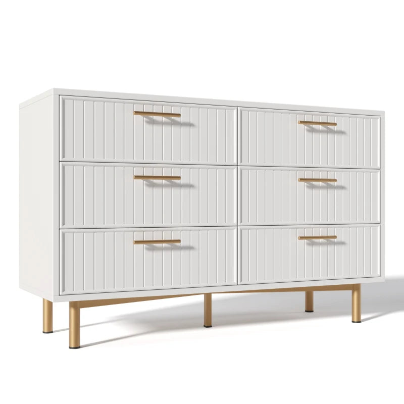Modern White Sideboard Cabinet for Living Room - 6-Drawer Chest with Metal Base & Decorative Handles, 120x40x75.5 cm