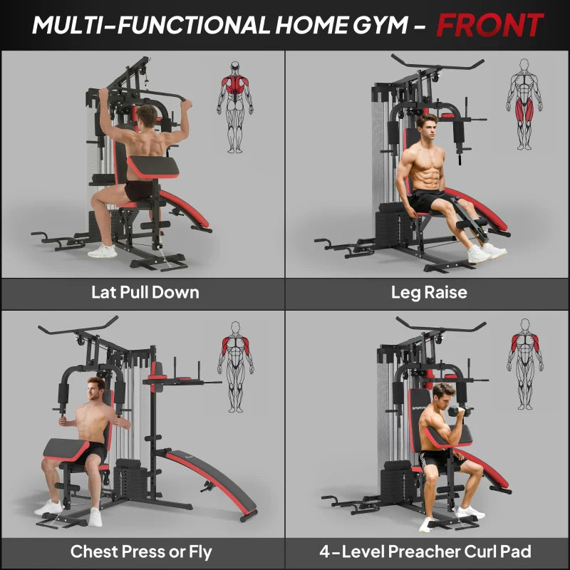 Multi Gym Workout Station with 65kg Weight Stack Sit Up Bench Push Up Stand and Dip Station for Home Fitness