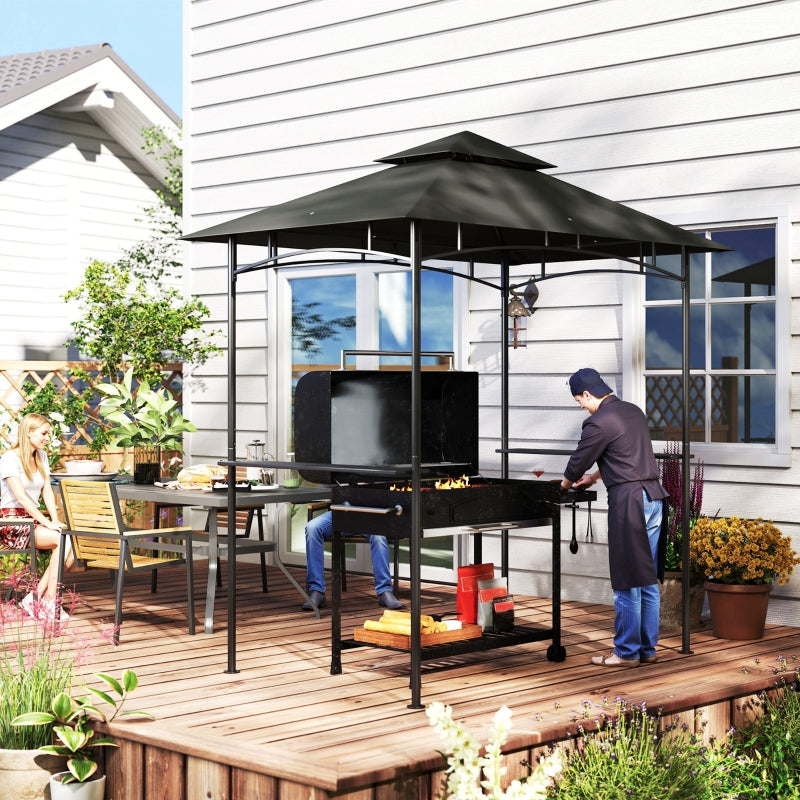 8' x 5' Dark Grey Double Tiered BBQ Grill Gazebo Canopy with LED Lights, 2 Side Shelves and Hooks