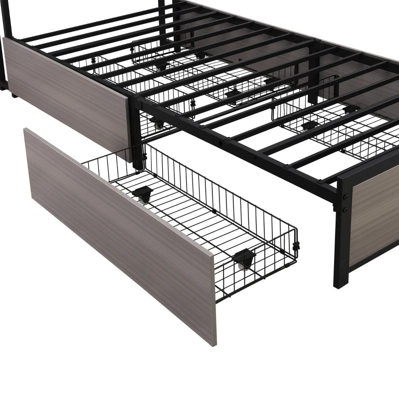 Metal Single Bed with LED Light Strip, 4 Drawers & 3 USB Ports - Stylish Grey Bedroom Furniture, 207x90.5x105 cm