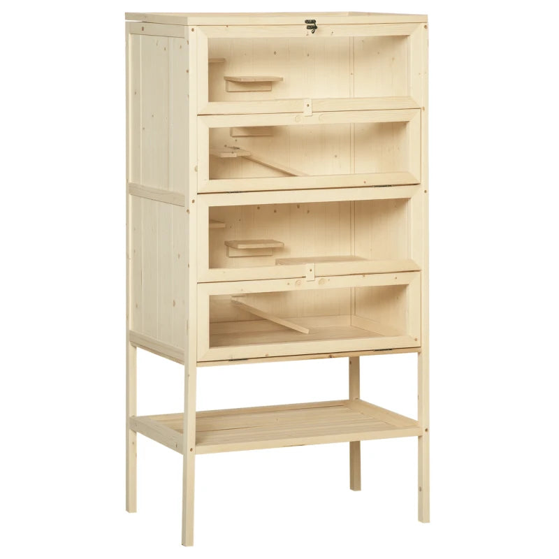 Large Wooden Hamster Cage with 4 Layers, Tall Bottom & Storage Shelf - Ideal Gerbil Habitat for Active Pets