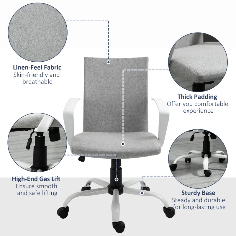 Vinsetto Light Grey Linen Swivel Office Chair - Adjustable Height, Armrests, Wheels, Perfect for Home Study & Computer Desk