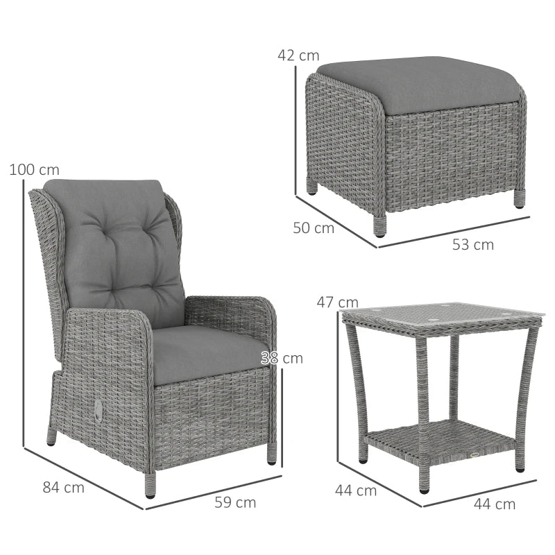 5-Piece Light Grey Rattan Bistro Set - Adjustable Back Reclining Wicker Balcony Furniture with Cushions, Glass Top Coffee Table & Footstools for Outdoor Use