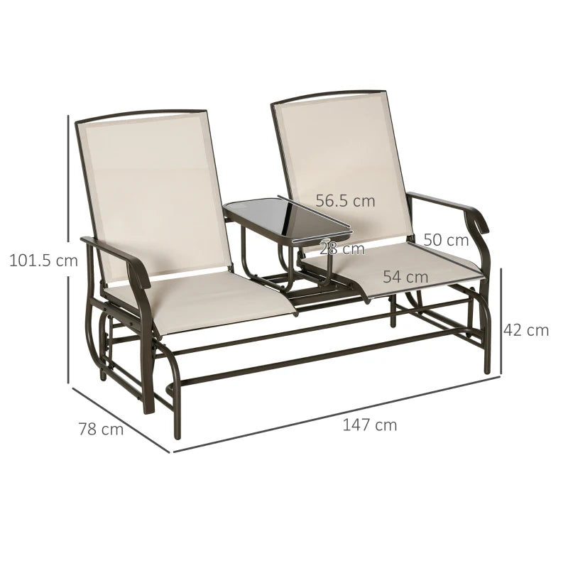Brown/Khaki 2-Seater Metal Garden Glider Loveseat with Glass Top Table