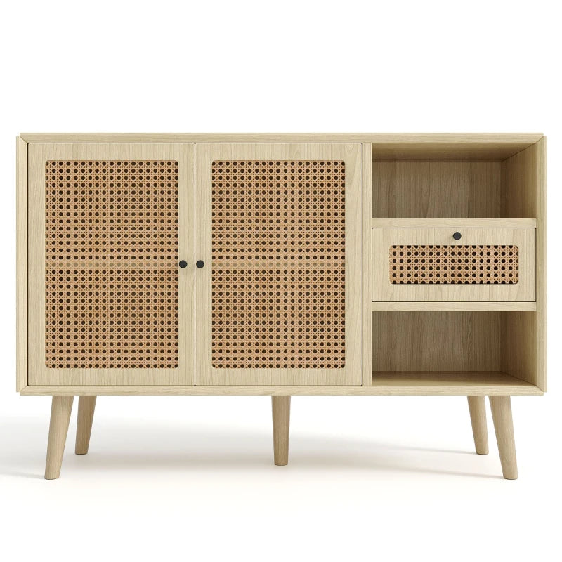 Modern Light Oak Sideboard with Woven Doors, Drawers & Unique Legs - 120L x 40W x 80H cm, Stylish Storage Solution