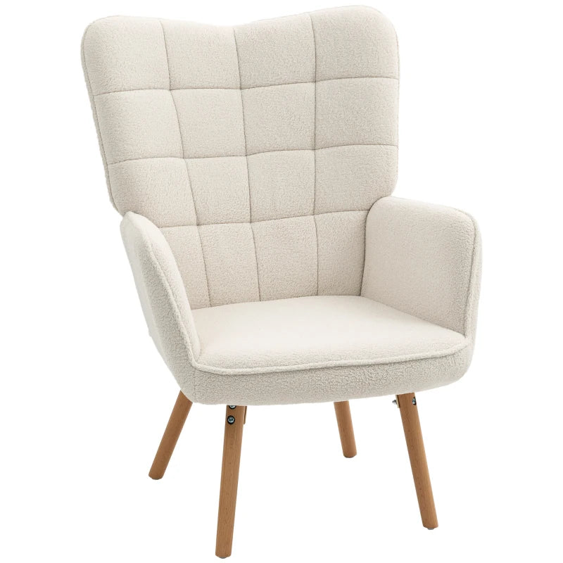 Modern Cream White Accent Chair - Upholstered Tufted Wingback Armchair with Teddy Fleece, Padded Seat & Wood Legs for Bedroom