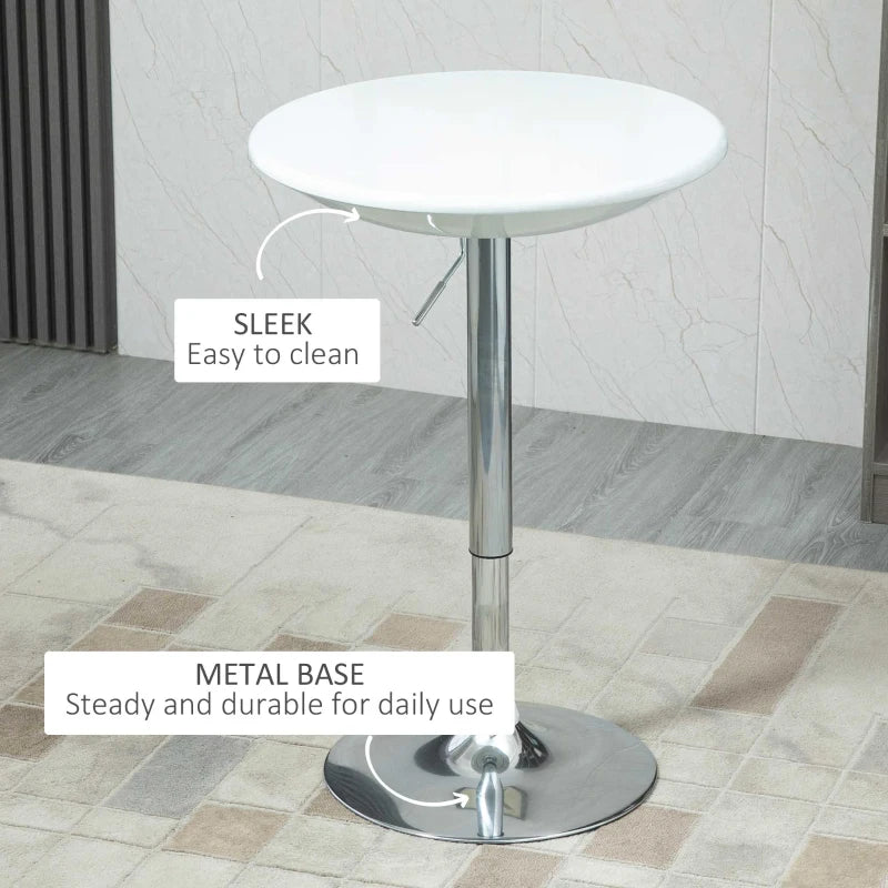 Modern Adjustable Height Round Bar Table - Swivel Bistro Desk with White Painted Top & Silver Steel Legs for Home Pub