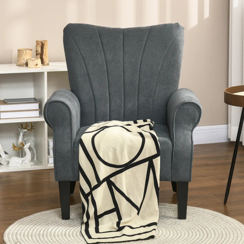 Stylish Upholstered Accent Chair with Rolled Arms and Wooden Legs for Living Room or Bedroom in Grey